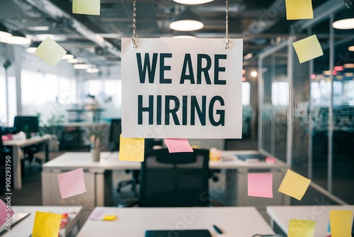 Office setting with We are hiring sign above a desk, open workspace photo
