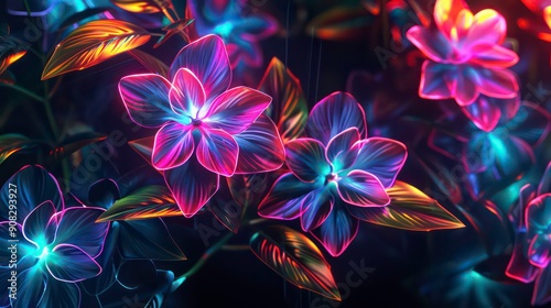 Vibrant neon flowers glowing in the dark.