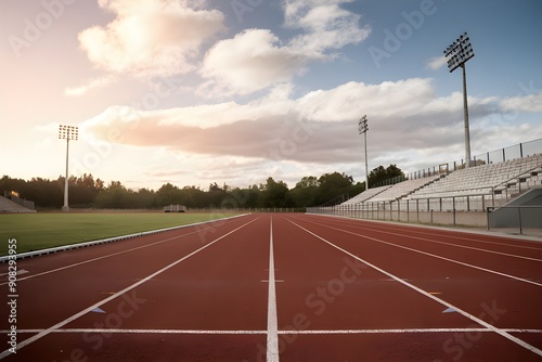 Athletic track with warm light, clear lane markings, grassy field, and stadium photo