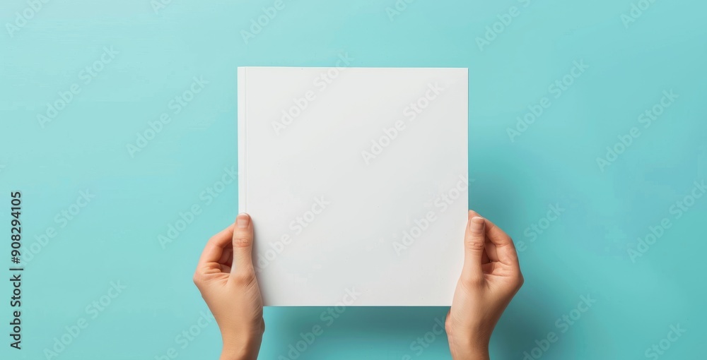 Hands Holding Blank Book on Blue 3 Hands Holding Blank Book on Blue 3