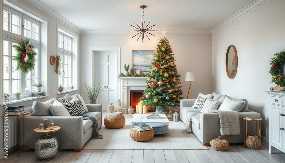 Cozy Christmas Living Room with Decorated Tree. Cozy Christmas Living Room with Decorated Tree.