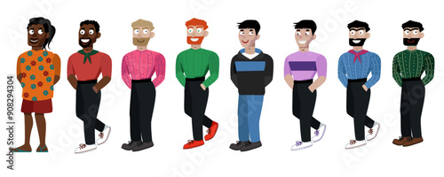 The set of funny characters. Smiling men of different races and nationalities.  Flirty mood. Asian, european black skinned, indian, latino, turkish, arab gyus. Positive dudes. Vector illustration.