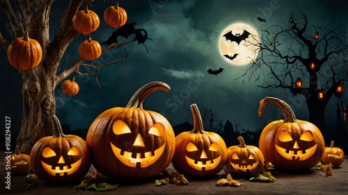 Halloween illustration backdrop with eerie black branches, flying bats, and glowing jack-o'-lanterns creating a spooky atmosphere.