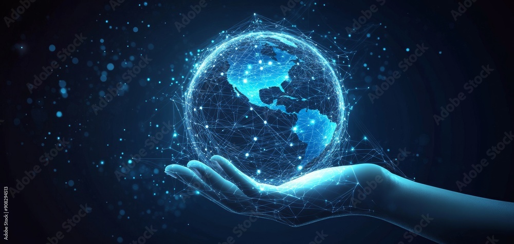 A hand holds a digital glowing globe with futuristic technology and global network connection. A hand holds a digital glowing globe with futuristic technology and global network connection.