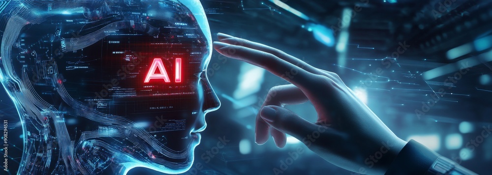 Fototapeta premium A hand is touching an AI robot's head, symbolizes advanced artificial intelligence being integrated into everyday life