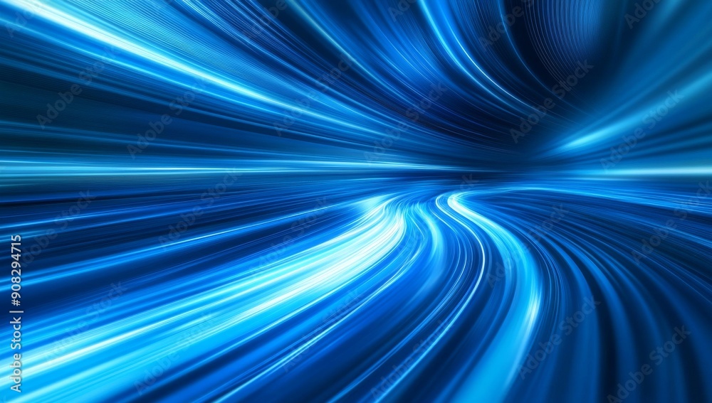 Abstract blue light speed lines background, fast moving in curved path with motion blur effect. Digital technology concept