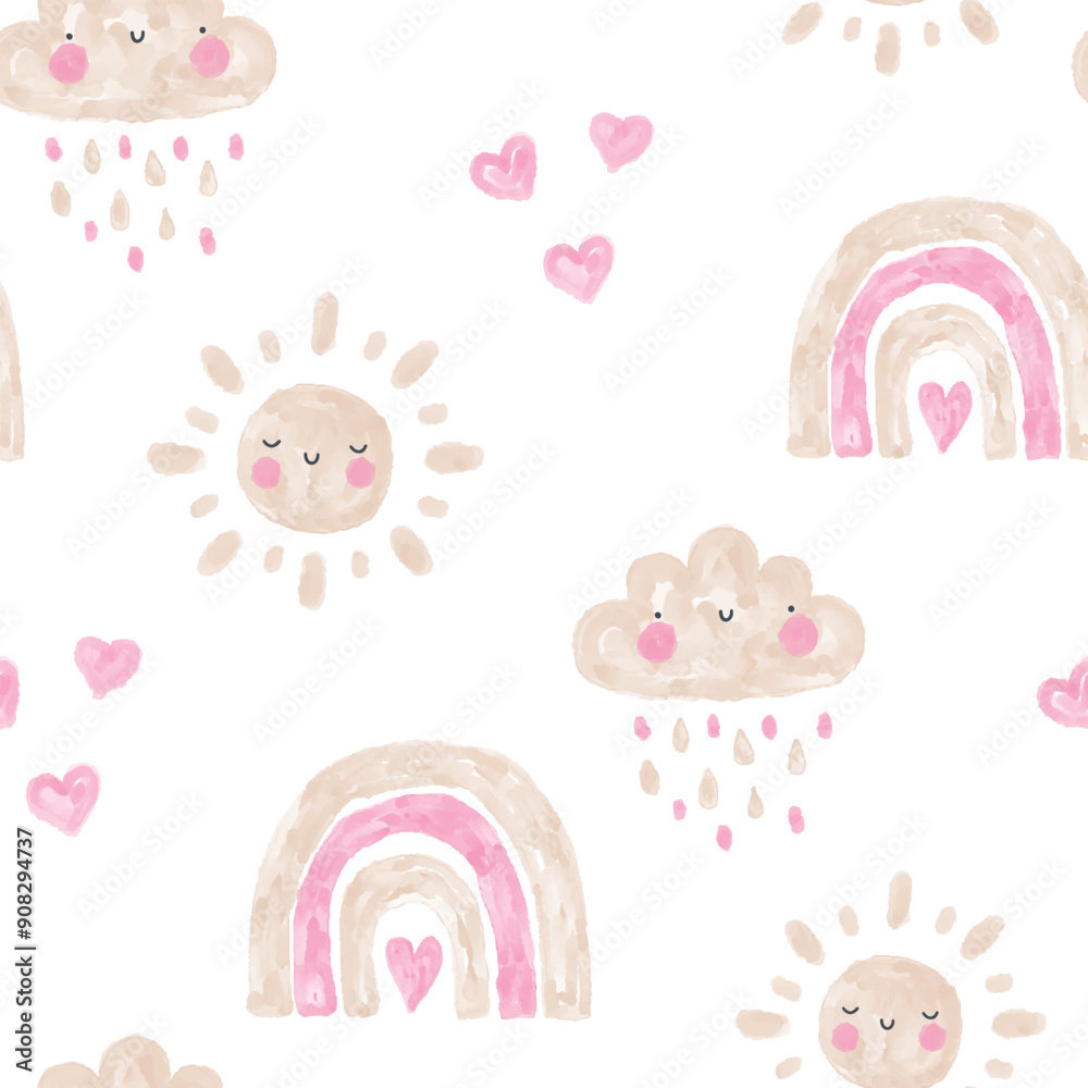 scandinavian watercolor weather seamless pattern with beige and pink clouds, rainbows, sun, hearts. Hand drawn kids fabric and textile design scandinavian watercolor weather seamless pattern with beige and pink clouds, rainbows, sun, hearts. Hand drawn kids fabric and textile design