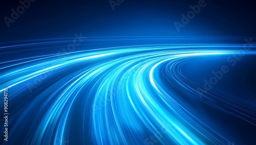 Obraz na płótnie Abstract blue light speed lines background, fast moving in curved path with motion blur effect. Digital technology concept w salonie