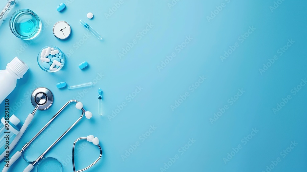 Obraz premium Clean Minimalist Blue Background with Medical Icons for Headlines and Text Space