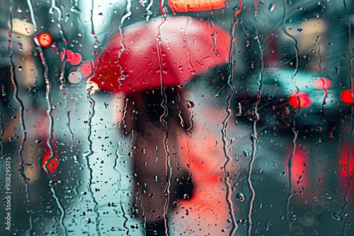 Blurry photo of rain drops on a window. This image can be used to represent rainy weather and a lack of visibility.