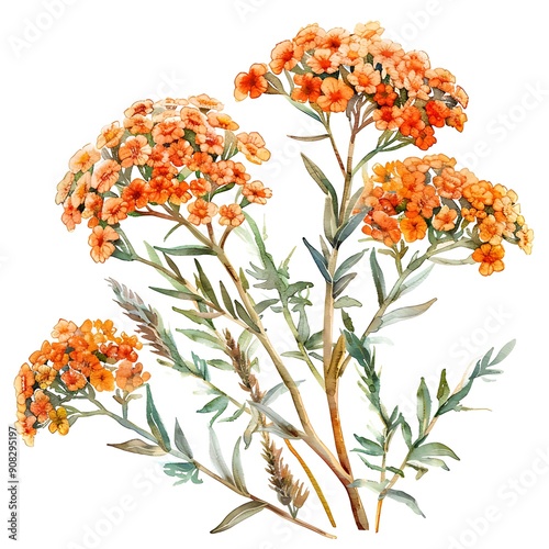 Watercolor Orange Yarrow Isolated on White Background. Beautiful Yarrow Flower