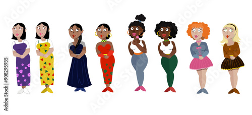 The set of funny characters. Smiling women of different races and nationalities. Flirty mood. Asian, european black skinned, indian, latino girls. Vector illustration.