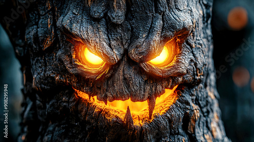 Halloween scary spooky yellow orange illuminated sinister face in the trunk of a tree, illuminated sinister haunting creepy monster