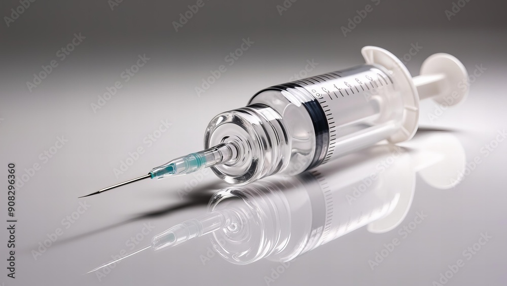 Medical syringe on table with shadow.