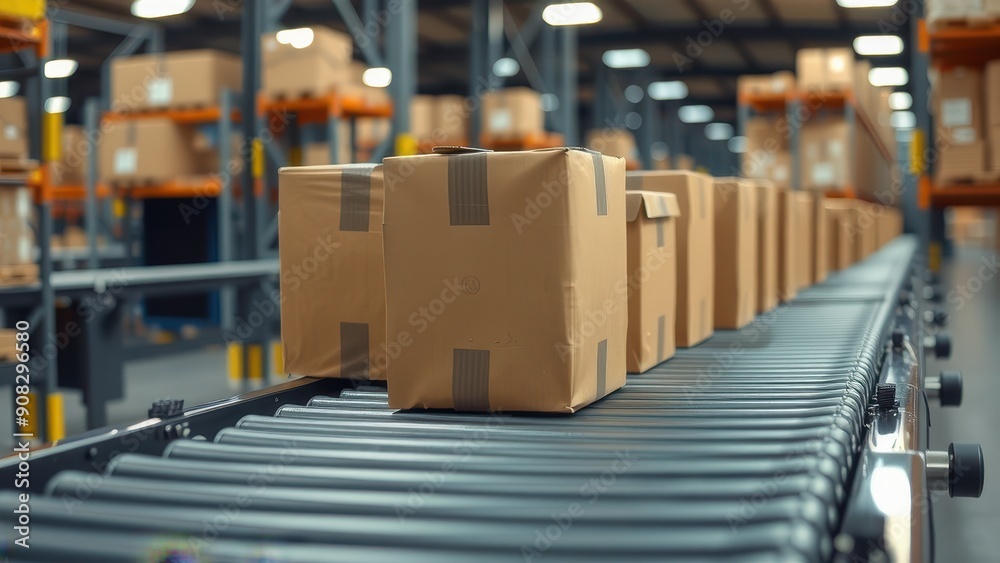 Cardboard boxes moving on conveyor belt in warehouse. Cardboard boxes moving on conveyor belt in warehouse.