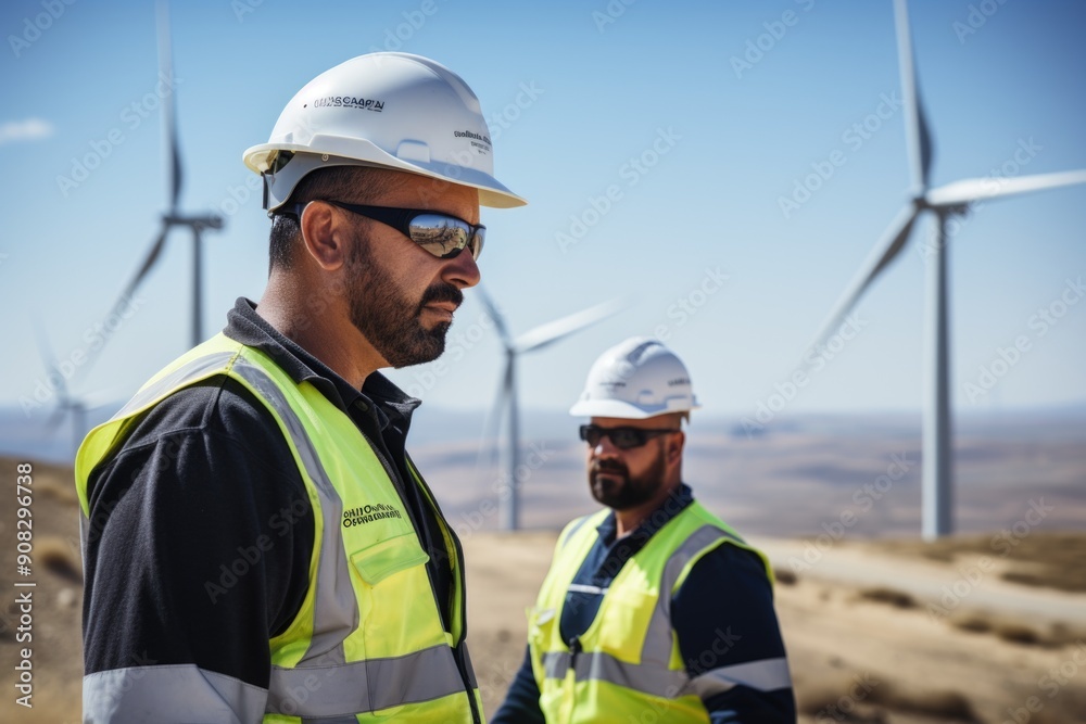 Wind power upkeep: skilled workers performing maintenance on wind turbine, stunning landscape in background, role of technicians in ensuring efficiency, reliability of renewable energy sources Wind power upkeep: skilled workers performing maintenance on wind turbine, stunning landscape in background, role of technicians in ensuring efficiency, reliability of renewable energy sources