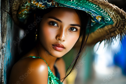 Portrait d'une femme asiatique adossée à un mur et portant un chapeau de paille photo