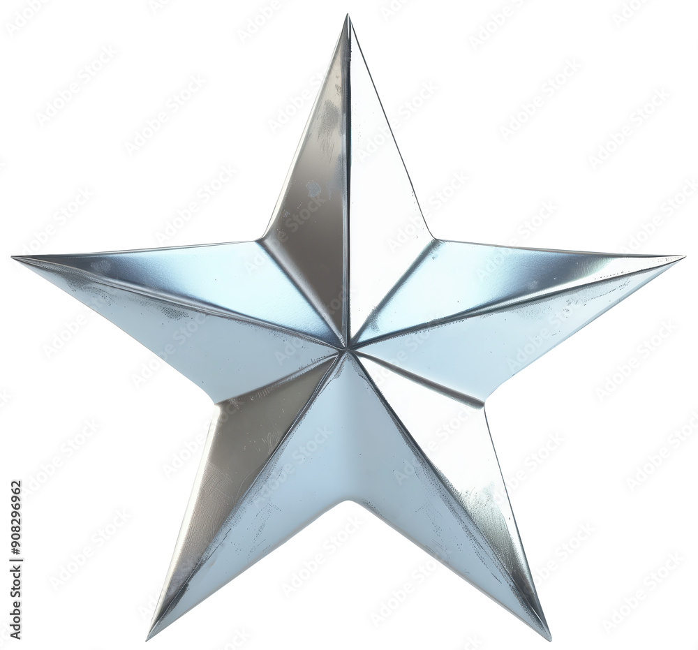 Silver metallic five-pointed star on transparent background. Png file.