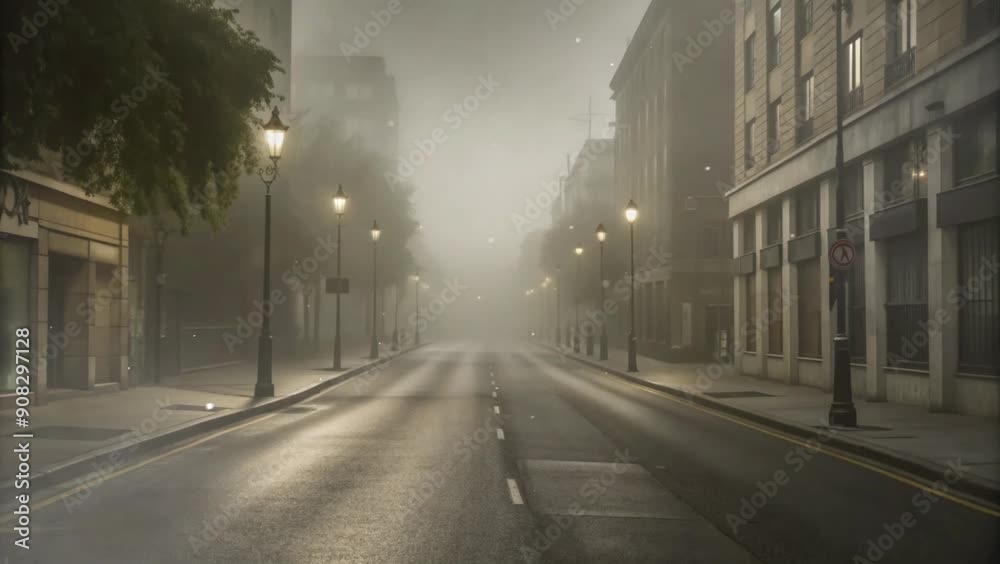 Foggy Urban Street at Dawn with Rain, Empty and Mysterious Atmosphere Foggy Urban Street at Dawn with Rain, Empty and Mysterious Atmosphere