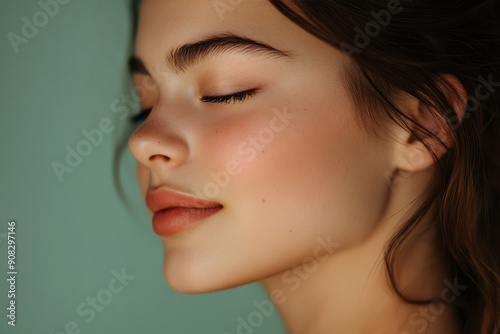 A close up of a girl's face with her eyes closed