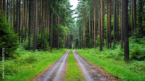 Abandoned road in overgrown pine forest, sense of mystery and decay