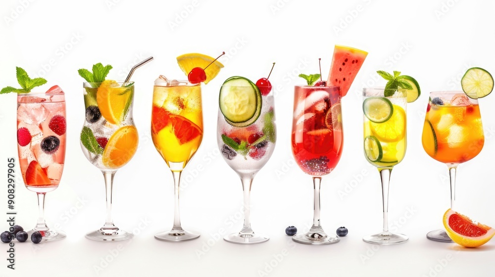 A selection of glasses filled with different beverages, including coffee, juice, and cocktails