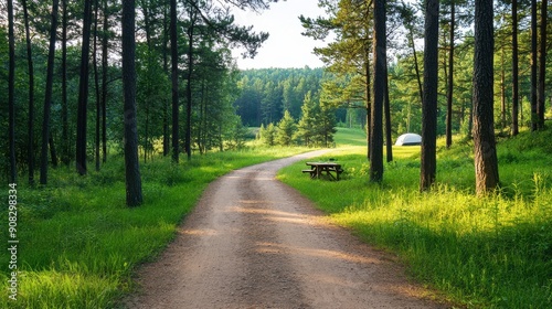 Dirt path leading to a campsite in pine forest, rustic and inviting