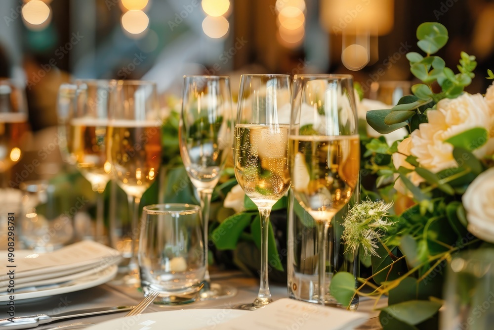 A table set with champagne glasses and flowers. A close-up view of a wedding reception table with champagne glasses and floral centerpieces. A table set with champagne glasses and flowers. A close-up view of a wedding reception table with champagne glasses and floral centerpieces.