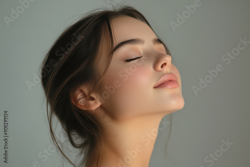 A close up of a girl's face with her eyes closed