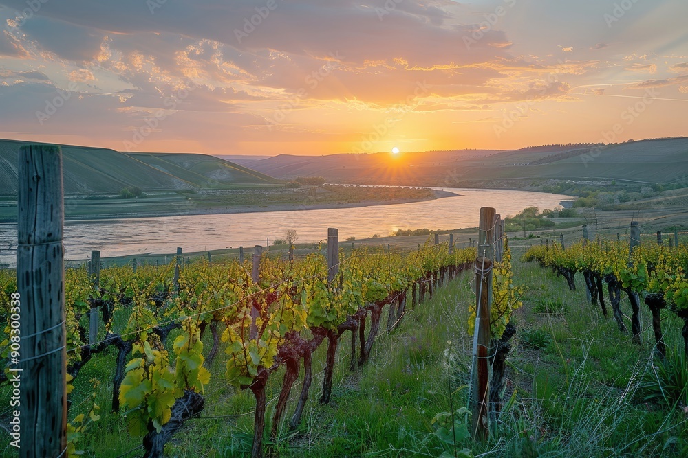 Obraz premium Vineyard with a river at sunset. This image features a scenic view of a vineyard in the countryside, with a river flowing through the landscape and a beautiful sunset in the background.