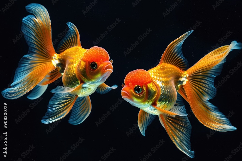 Two goldfish swimming in the dark. A close-up shot of two goldfish facing each other against a black background, perfect for an aquarium or pet-related design. Two goldfish swimming in the dark. A close-up shot of two goldfish facing each other against a black background, perfect for an aquarium or pet-related design.