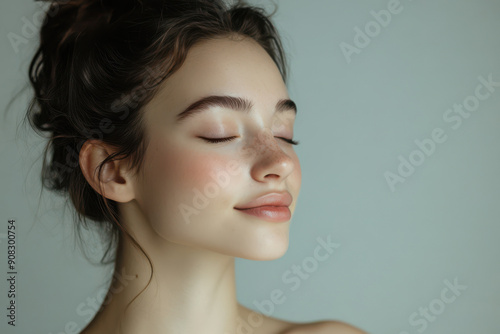 A close up of a girl's face with her eyes closed