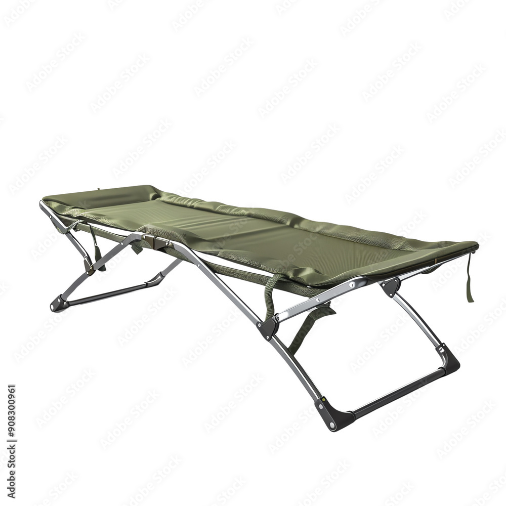 Portable green camping bed with metal frame, foldable. Outdoor equipment ideal for camping, hiking, and adventures. Durable and easy to store. Portable green camping bed with metal frame, foldable. Outdoor equipment ideal for camping, hiking, and adventures. Durable and easy to store.