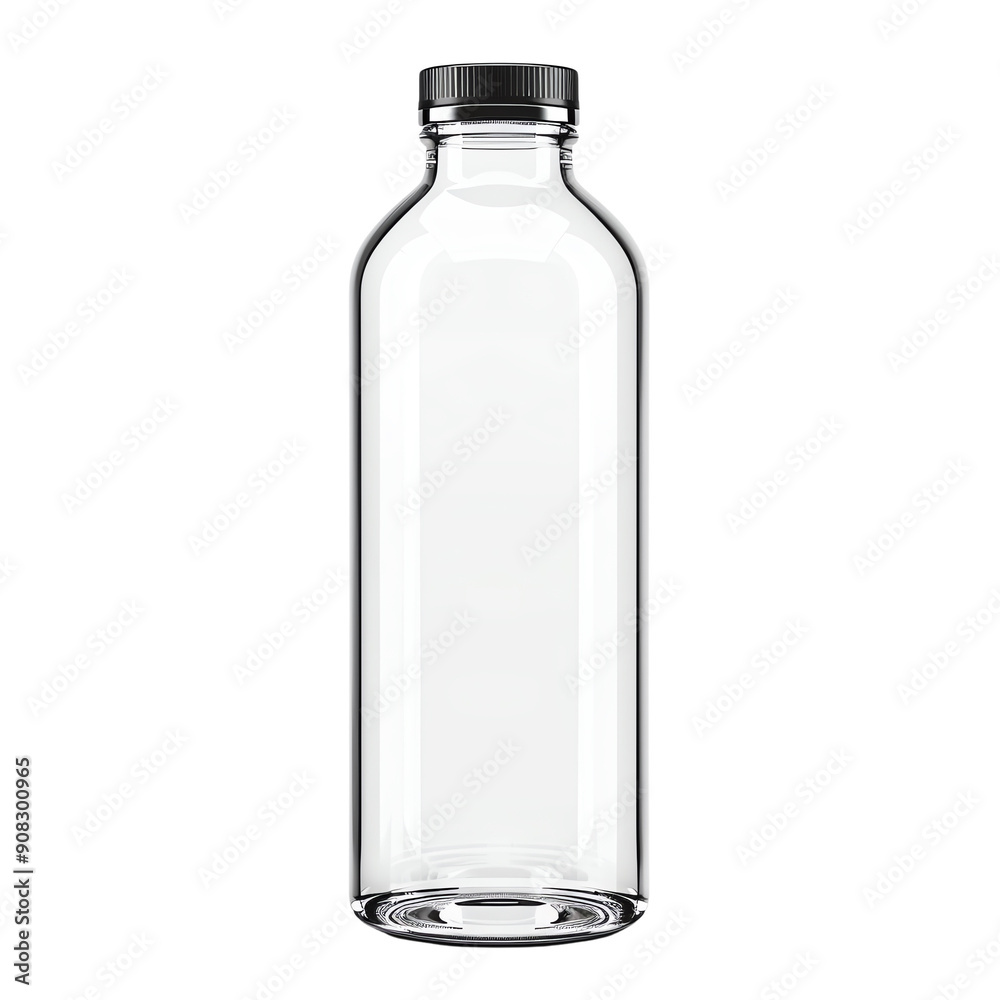 High-quality, clear glass bottle with a black cap, isolated on a white background. Perfect for beverage, storage, or decor purposes. High-quality, clear glass bottle with a black cap, isolated on a white background. Perfect for beverage, storage, or decor purposes.