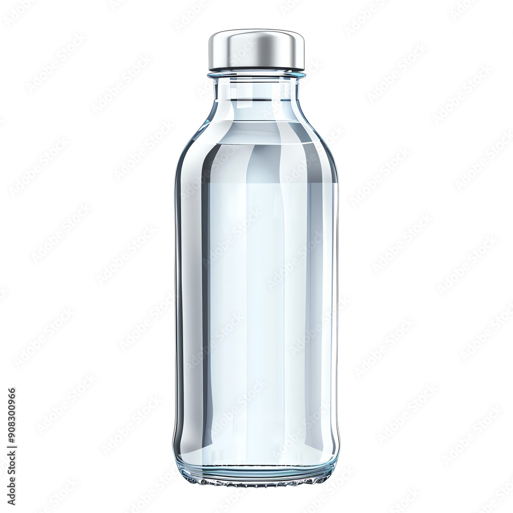 High-quality clear glass bottle with a metal cap, perfect for packaging beverages, water, or homemade juices. Isolated on a white background. High-quality clear glass bottle with a metal cap, perfect for packaging beverages, water, or homemade juices. Isolated on a white background.