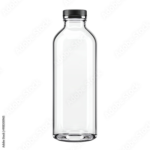 High-quality, clear glass bottle with a black cap, isolated on a white background. Perfect for beverage, storage, or decor purposes.