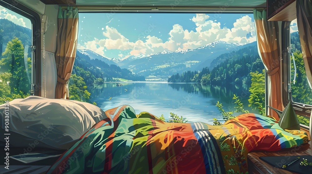 Fototapeta premium A cozy bedroom with a view of a serene lake and mountains, sunlight streaming in, inviting relaxation.