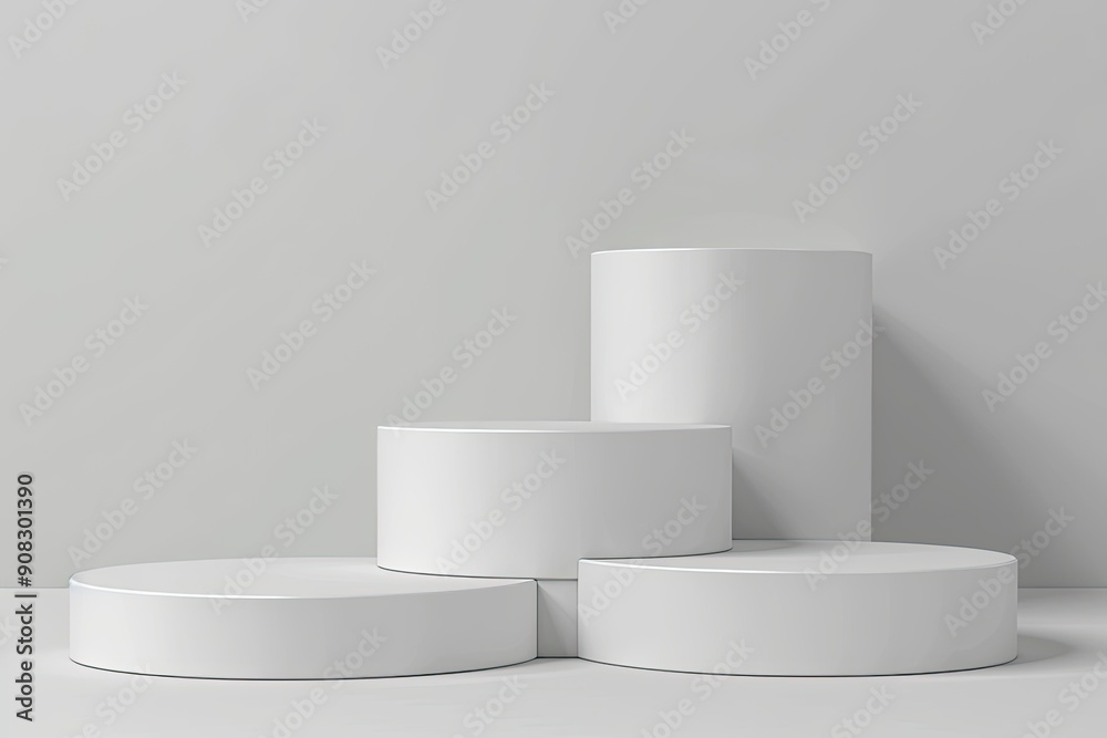 White cylinder podiums on a grey background. Ideal for showcasing products or designs with a minimalist aesthetic. White cylinder podiums on a grey background. Ideal for showcasing products or designs with a minimalist aesthetic.