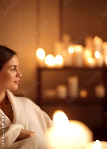 Beautiful woman enjoying an exotic spa with lit candles. Young woman relaxing in the spa while waiting for the masseuse. Spa massage oil treatment concept