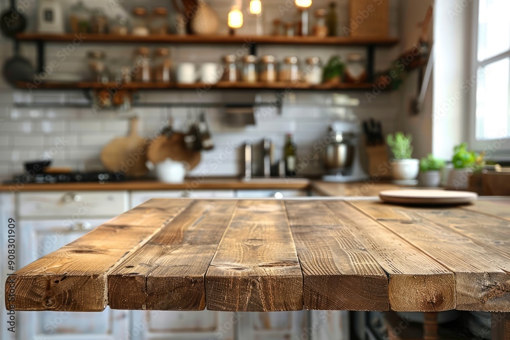 Rustic wooden table in kitchen. Perfect for showcasing food, drinks, or kitchen products. Rustic wooden table in kitchen. Perfect for showcasing food, drinks, or kitchen products.