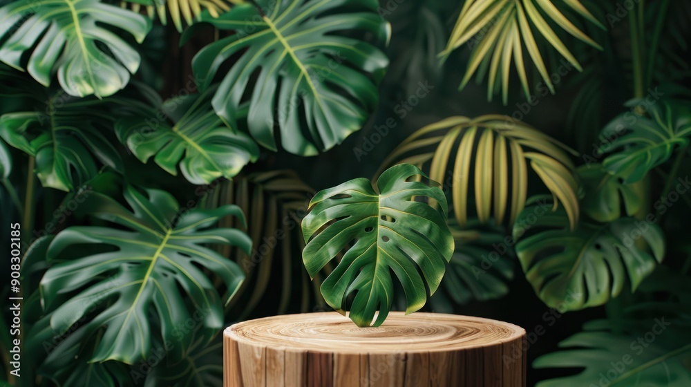 Wooden podium product display board with green leaf monstera plant background Wooden podium product display board with green leaf monstera plant background