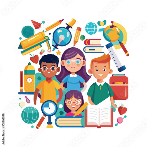 Cartoon Childrens Going Back To School on a white background