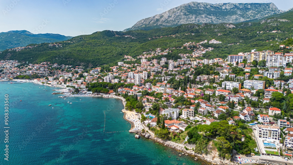 Aerial view of a waterfront residential area in Herceg Novi on the coast of the Adriatic Sea in the Bay of Kotor in Montenegro Aerial view of a waterfront residential area in Herceg Novi on the coast of the Adriatic Sea in the Bay of Kotor in Montenegro
