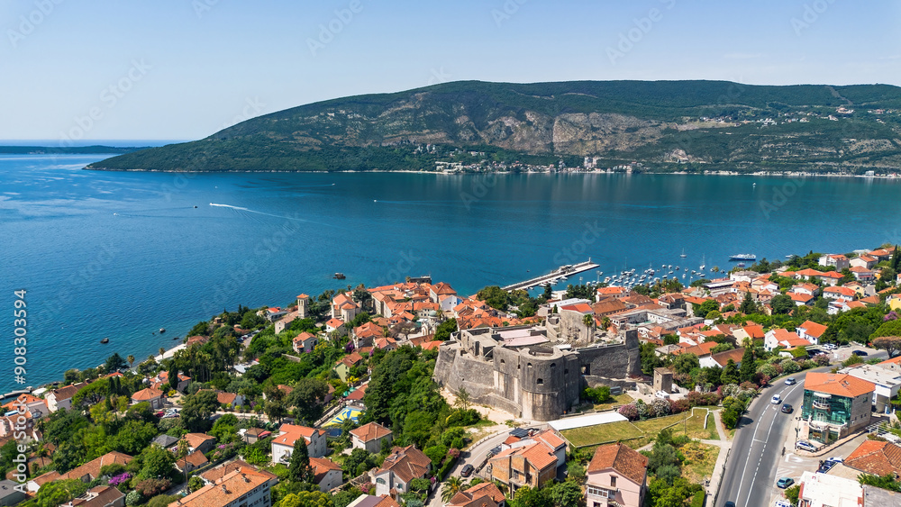 Aerial view of the turkish fortress of Kanli Kula in Herceg Novi, a town in located at the western entrance to the Bay of Kotor on the coast of the Adriatic Sea in Montenegro Aerial view of the turkish fortress of Kanli Kula in Herceg Novi, a town in located at the western entrance to the Bay of Kotor on the coast of the Adriatic Sea in Montenegro