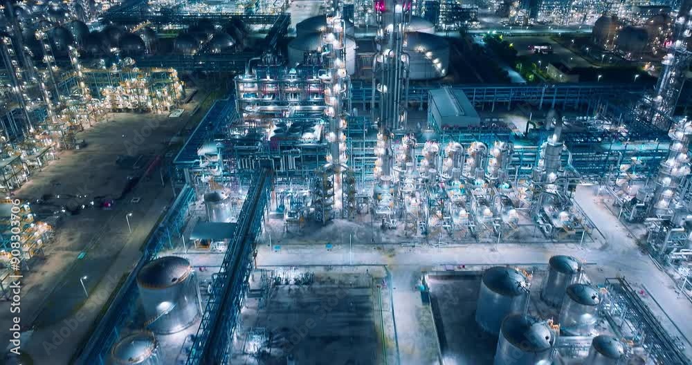 Petrochemical plant equipment night view. Business finance and technology