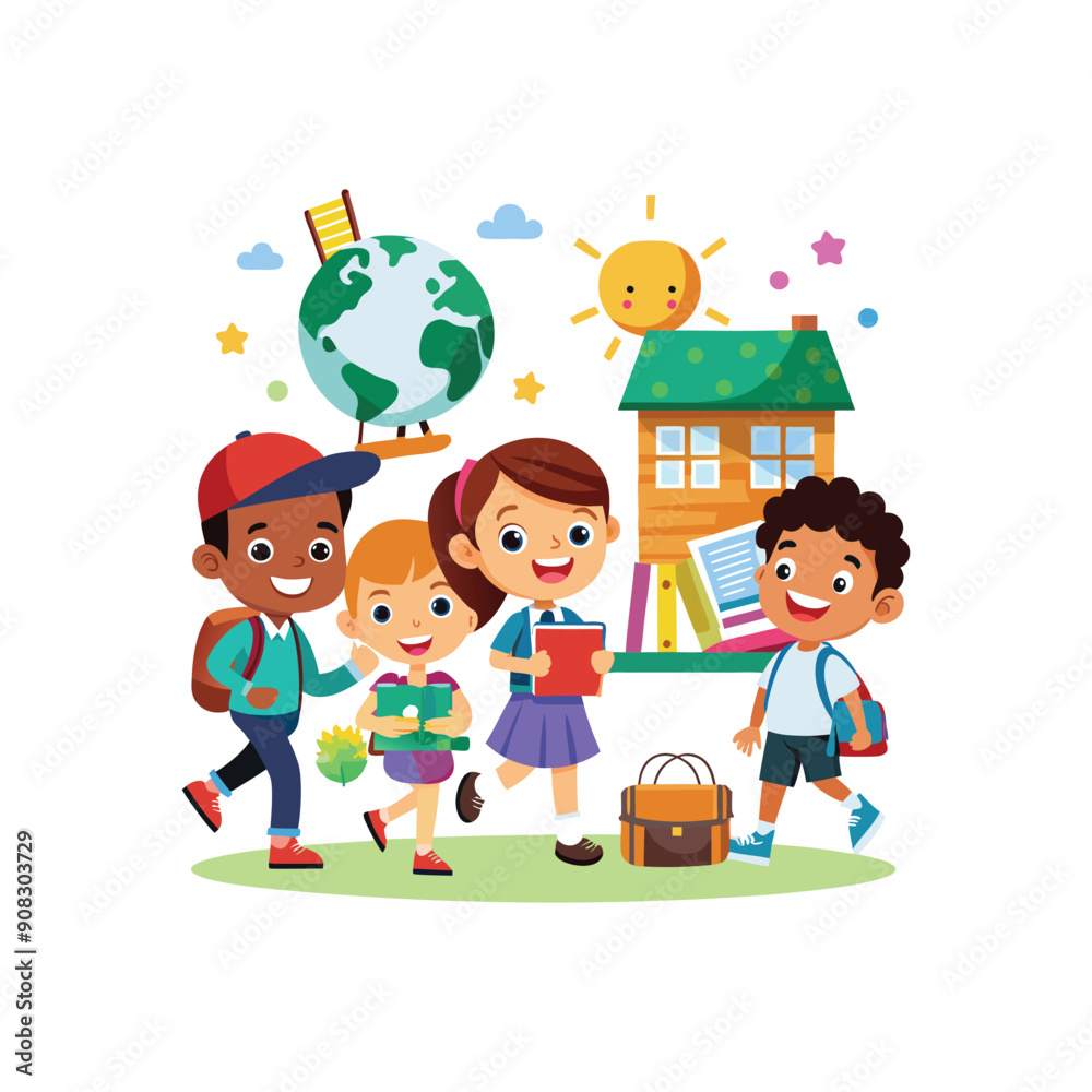 Cartoon Childrens Going Back To School on a white background Cartoon Childrens Going Back To School on a white background