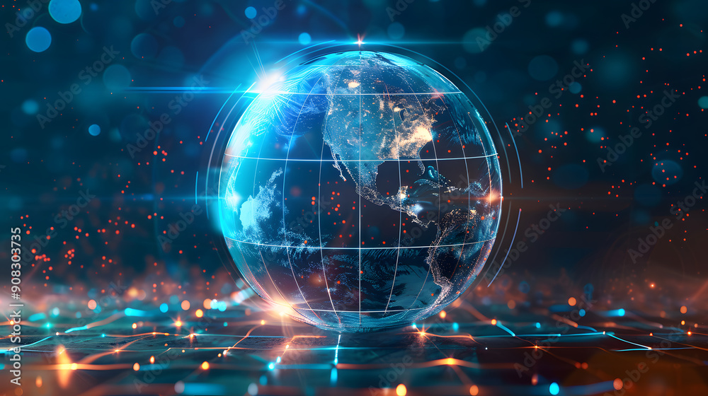 A luminous Earth hovers over a glowing network, symbolizing global connectivity and the power of digital technology. A luminous Earth hovers over a glowing network, symbolizing global connectivity and the power of digital technology.