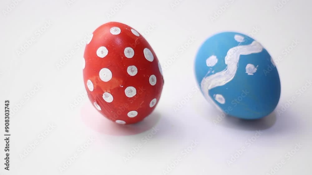 Blue egg with dotted and zigzag pattern spins and hits red chicken Easter egg with polka dots on white table. Concept of dance, battle, rotation, twisting, celebration, holiday. Happy Easter video Blue egg with dotted and zigzag pattern spins and hits red chicken Easter egg with polka dots on white table. Concept of dance, battle, rotation, twisting, celebration, holiday. Happy Easter video
