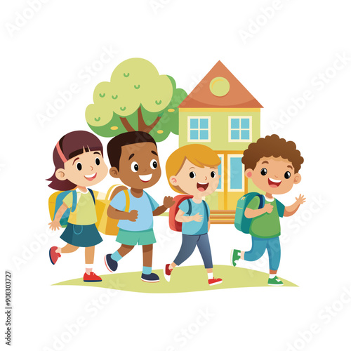 Cartoon Childrens Going Back To School on a white background