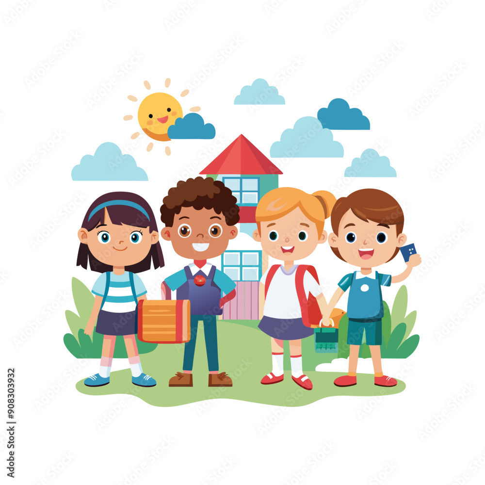 Cartoon Childrens Going Back To School on a white background Cartoon Childrens Going Back To School on a white background